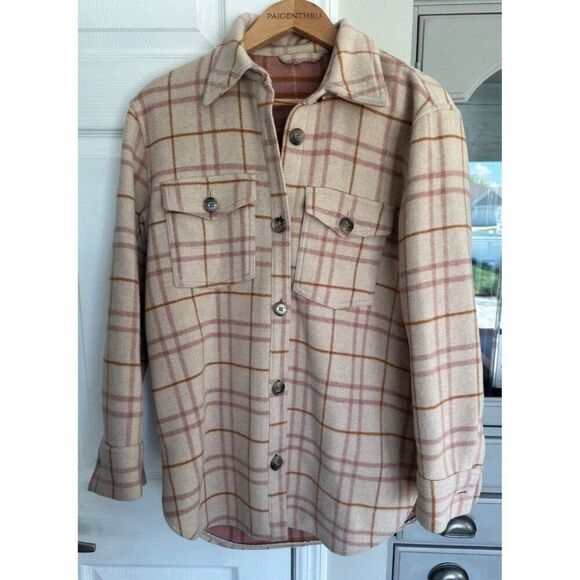 Anthropologie & Other Stories Oversized Shirt Jacket Plaid Cream Pink Size 4 - Picture 2 of 9